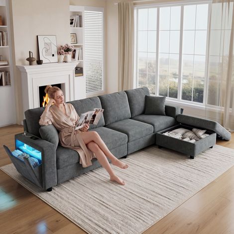 Salon moderne : confort et rangement avec canapé d'angle 4 places, pouf coffre mobile, éclairage LED et ports USB Type-C (1/5)