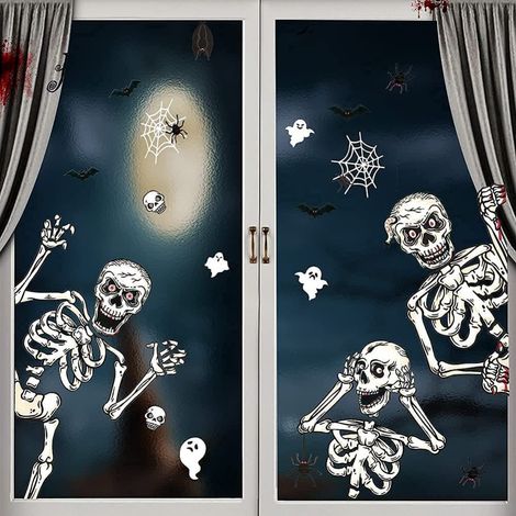 Autocollant Crâne - Décoration Fenêtre Halloween Réutilisable - PVC Sans Adhésif - Pour Vitres Miroirs Portes - 62 x 66 cm (1/5)