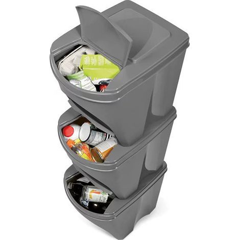 Lot de 3 poubelles de recyclage / tri en plastique gris - 25L (1/2)