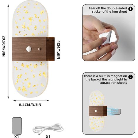 Lumière de nuit LED rechargeable à détection de mouvement, forme ovale en bois de noyer, sans fil