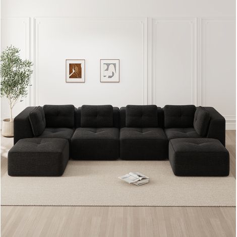 Ecksofa modular aus Cord Schwarz, U-/L-Form kombinierbar, ohne Aufbau, tiefe Sitzfläche 74 cm (1/5)