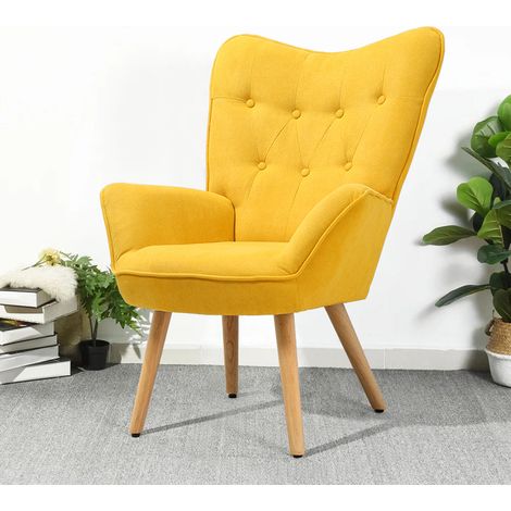Tufted Button Linen Armchair with Wooden Legs (1/5)