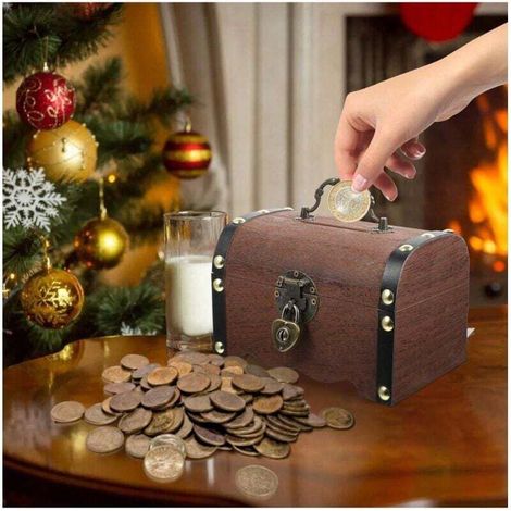 Tirelire en bois, coffre au trésor vintage avec serrure et clés, petite boîte décorative pour économiser de l'argent, décoration d'intérieur rétro, cadeaux de fête pour enfants et adultes (marron) (1/4)