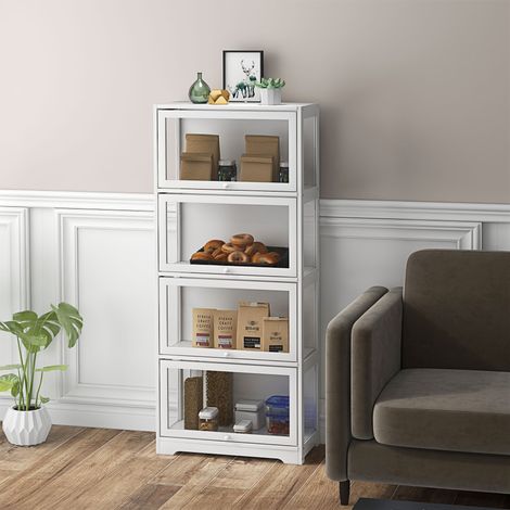 4-stöckige Sammlervitrine mit kippsicheren Scharniertüren, Vitrine für Arbeits- oder Schlafzimmer, 59 x 30 x 139 cm, Weiß