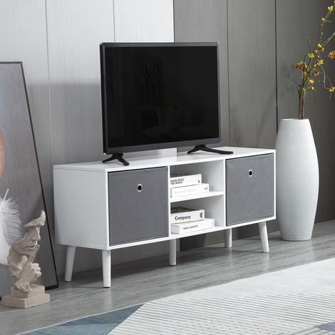 Meuble TV pour téléviseurs jusqu'à 50 pouces avec 2 tiroirs en tissu et étagères ouvertes, 110 x 29 x 46,5 cm, blanc et gris (1/5)