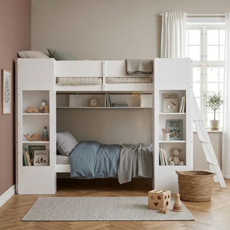 Lit superposé enfant 90x200 cm avec rangement ouverts et étagères suspendue Lit enfant 2 places échelle gauche/droite et barrières Blanc (1/5)