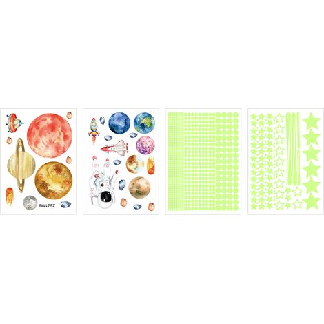 Lot de 4 feuilles d'autocollants fluorescents lumineux 20x28cm, motif astronautes et étoiles, pour décoration murale de chambre d'enfant (1/5)