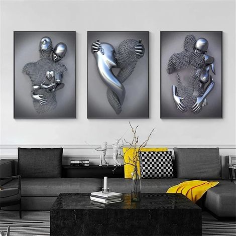 Lot de 3 posters d'art modernes – Figurine 3D en métal – Amour Cœur Baiser – Sans cadre – Décoration murale pour salon (A,50 x 70 cm) (1/5)