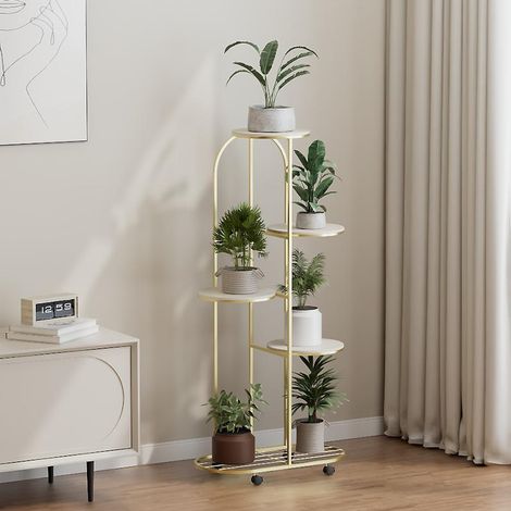 Étagère à plantes à 5 niveaux pour pots de fleurs, support d'angle en fer forgé avec roulettes, étagères pour plantes d'angle, balcon, jardin, terrasse, doré (1/4)