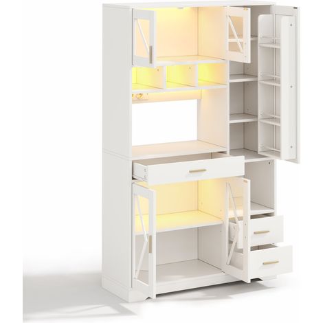 Buffet de cuisine style grange avec étagères réglables, tiroir, éclairage LED multicolore et prises intégrées, 185 x 105 x 40 cm (1/5)