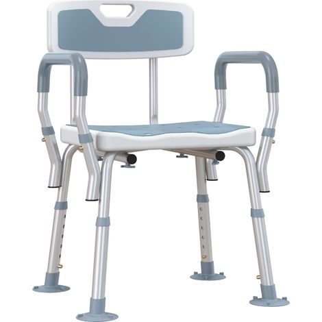 EVA Padded Shower Chair for Elderly and Disabled, Height Adjustable Shower Stool with Back and Arms, 4 Suction Foot Pads, Light Blue (1/5)
