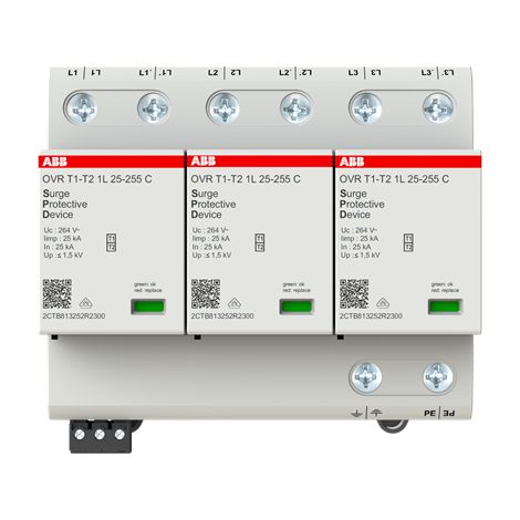 Parafoudre débrochable OVR T1-T2 Iimp. 25KA- 3P-230/400V Uc 264V TNC -av. TS 2CTB812751R2300 ABB B611462 (1/3)