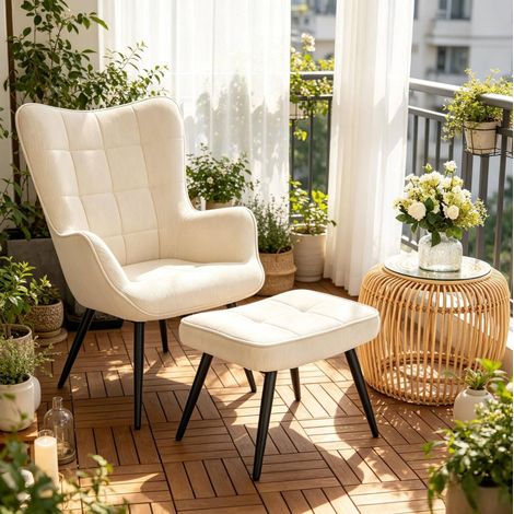 Fauteuil relax 50x49x97 cm blanc crème avec repose-pieds, velours côtelé et métal MEUBLIV (1/4)