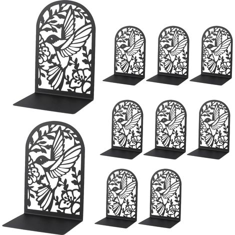 Lot de 10 Serre Livres en Métal Antidérapant - Design Oiseau et Fleurs - 18 x 12 x 8,5 cm - Noir - pour Étagères, Bureau, École, Bibliothèque (1/5)