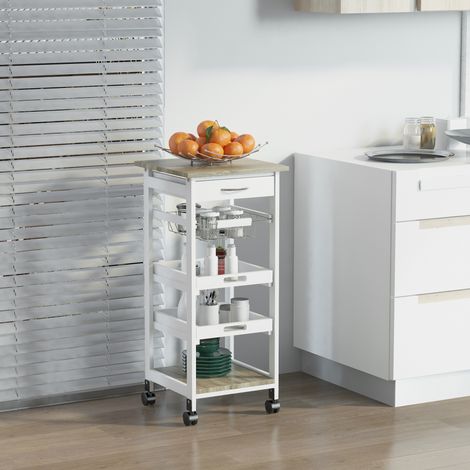 Beyamis Panier de cuisine en bois de pin et MDF, panier de rangement avec tiroir, panier, 2 bacs et 4 roues universelles, 37x37x82cm, blanc (1/5)