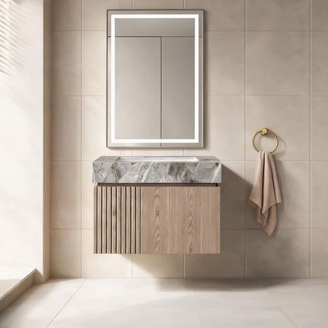 Meuble sous vasque suspendu 61 cm en gris ton pierre frittée (1/5)