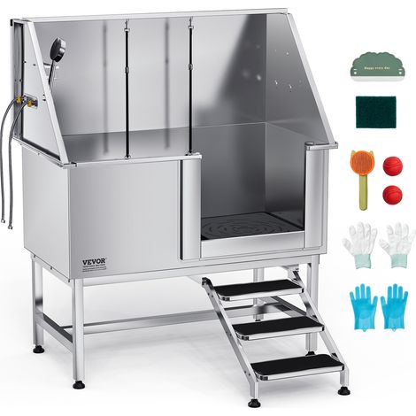 VEVOR Baignoire de Chien Acier Inoxydable, Baignoire de Toilettage pour Animaux de Compagnie 127 cm Station de Lavage Chat, avec Escalier, Panneau Filtre a Eau, Robinet, Pommeau Douche, Porte Droite