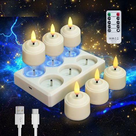 Portavelas LED recargable con base de carga，mando a distancia y temporizador. Vela electrónica recargable，4 x 5,8 cm (diámetro x altura)