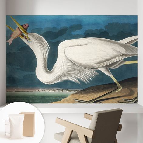 Papier peint intissé mural classique avec imprimé motifs décoratifs design élégant non‑tissé Oiseau avec un poisson 104x70 cm (1/5)