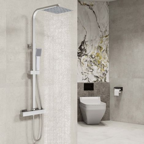 AICA Square Chrome Thermostatic Mixer Shower Twin Head Rainfall Head Handset Bathroom (1/5)