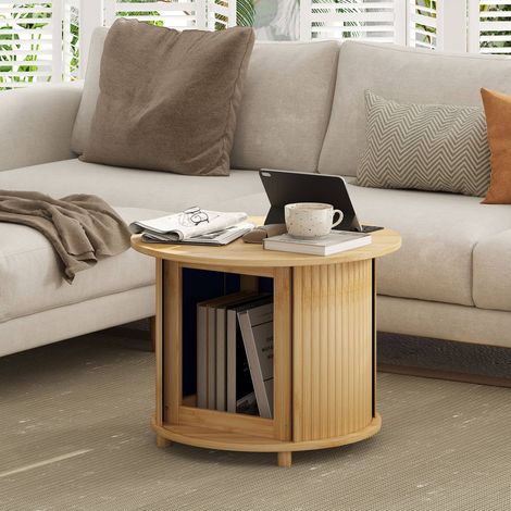 Table d’appoint ronde en bambou ø60 x h45 cm avec rangement dissimulé et porte coulissante, naturelle (1/5)