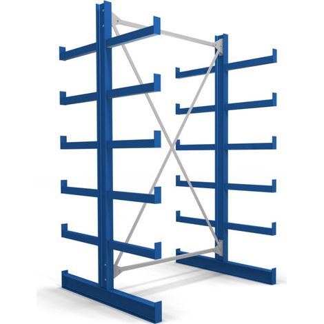 Rayonnage à bras en porte-à-faux STIER, double, 1 travée avec 5 niveaux 1300x2000x500 mm, bleu gentiane (1/4)