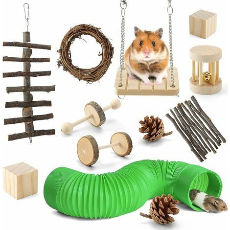 Jouet Lapin Nain(12 Pièces), Jouet Hamster en Bois Naturel, Jouet Rongeur Intérieur pour Petits Animaux Lapin/Hamster/écureuil/Chinchilla (1/5)