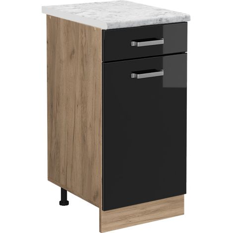 Küchenunterschrank R-Line, Schwarz Hochglanz, 40 cm AP Marmor, Vicco