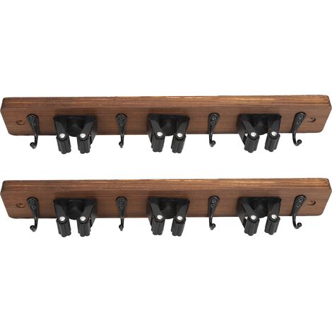 2er-Set Besen- und Mopphalter mit 3 Positionen und 4 Haken zur Wandmontage, aus Holz, für Bad, Küche und Waschküche (1/5)