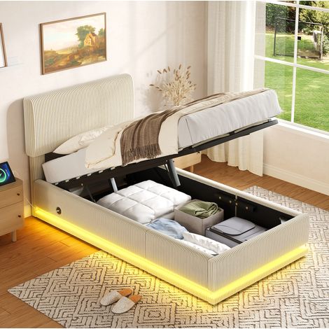 REDOM - Letto con contenitore 90x200 cm con LED, USB C, testiera regolabile, velluto a coste beige (materasso non incluso) (1/5)