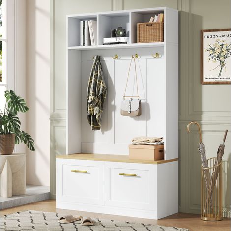Mueble recibidor con banco, 4 ganchos, almacenaje abierto y 2 puertas 105 x 40 x 180 cm OKWISH (1/5)