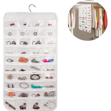 Organizador de joyas colgante para armario, almacenamiento de joyas de doble cara, 80 bolsillos, bolsa de almacenamiento transparente para accesorios: anillos, pendientes, collares y pulseras.