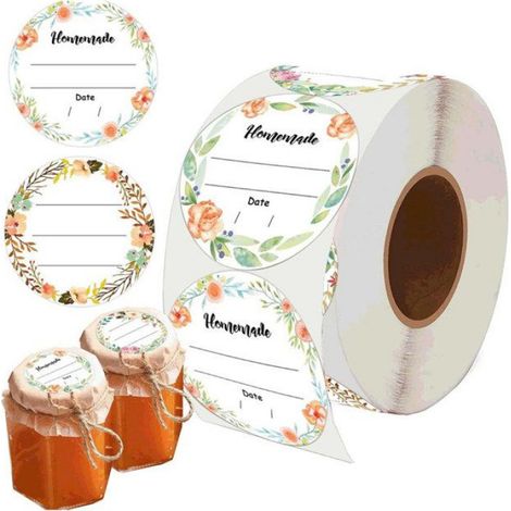 500 Etiquettes autocollantes, Rondelles 5 cm, 4 motifs floraux, Papier résistant, Pour bocaux et cadeaux (1/5)