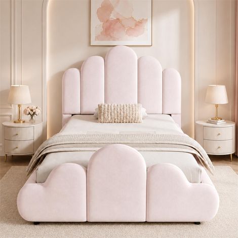 Lit enfant 90x200cm, lit rembourré avec tête de lit capitonnée, coins arrondis, velours rose, literie simple pour chambre d'enfant (1/5)