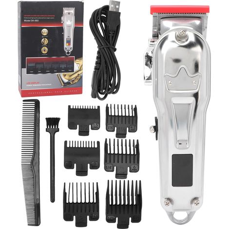 Tondeuse à cheveux électrique rechargeable sans fil, écran LCD, pour salon ou maison, coupe ajustable avec peignes guides, argent, USB. (1/5)