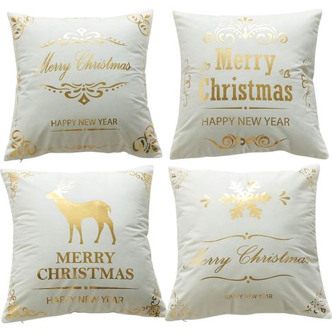 Hengweiuk Set of 4 Square Cushion Covers in Soft Velvet and Fleece with Christmas Pattern, 45 x 45 cm, Cotton, Christmas, 18 x 18 inches (1/5)