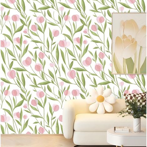 CCYKXAPapier Peint Floral Rose, 44 x 300 cm Papier Peint Rose Fleur Vert Feuille Botanique Bohême Papier Autocollant pour Meuble,Chambre,Salon,Salle de Bain (1/5)