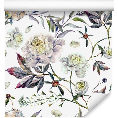 Hermoso papel tapiz vintage de peonías y hojas para sala de estar y dormitorio, 50x1000 (1/5)