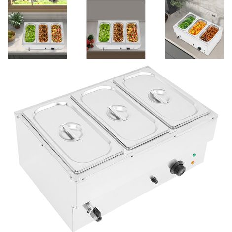 Réchauffeur électrique professionnel pour aliments 220 V : cuiseur vapeur de comptoir en acier inoxydable pour buffet, avec 3 bacs, régulation de la température et couvercle (1/5)