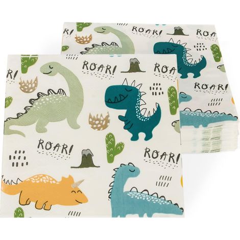 Lot de 40 serviettes en papier « Dinosaures rugissants  » avec 4 types de dinosaures, idéales pour une fête d'anniversaire, une baby shower ou toute autre occasion (filles, garçons, enfants). Dimensio