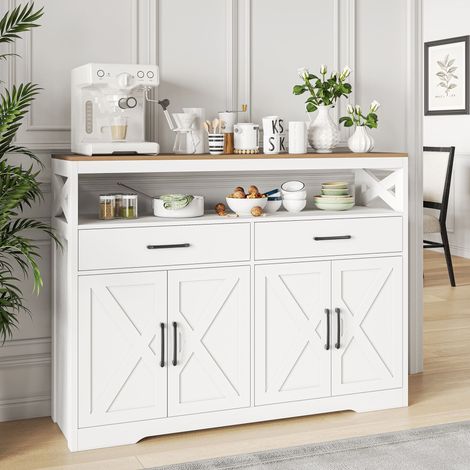 Buffet de Cuisine 140x40x105cm - 2 Tiroirs, 2 Portes, 1 Étagère - Style Minimaliste & Scandinave - Blanc (1/5)