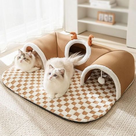 Übergroßer 2-in-1-Katzentunnel für mehrere Kätzchen, waschbare und vielseitige Spielmatte, herausnehmbares Kaninchenspielzeug und weiche und bequeme Matte mit Tunnel, L: 75 x 55 cm (empfohlen für 12 b