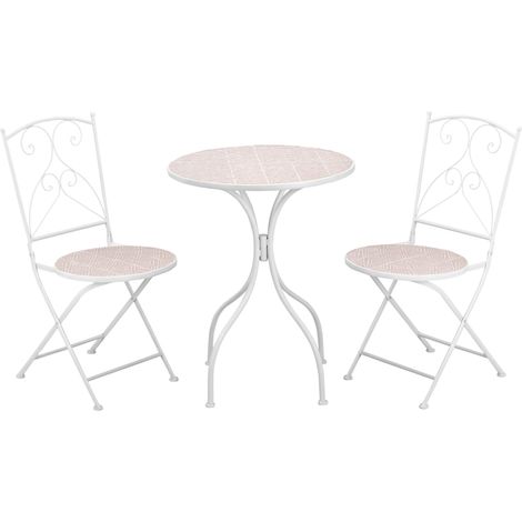 Ensemble bistrot de jardin 3 pièces avec 2 chaises pliantes et table ronde en métal époxy avec plateau mosaïque, blanc (1/5)