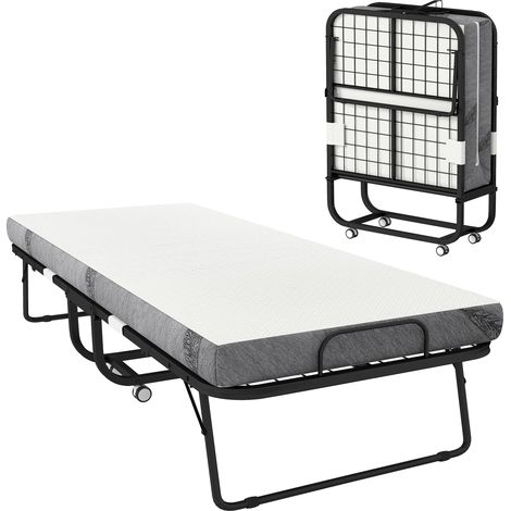 Lit pliant 80x200 cm, lit d'appoint adulte pliable avec matelas en mousse de 10 cm d'épaisseur, lit de voyage avec cadre en acier et roulettes, supportant une charge jusqu'à 150 kg, lit simple (1/5)