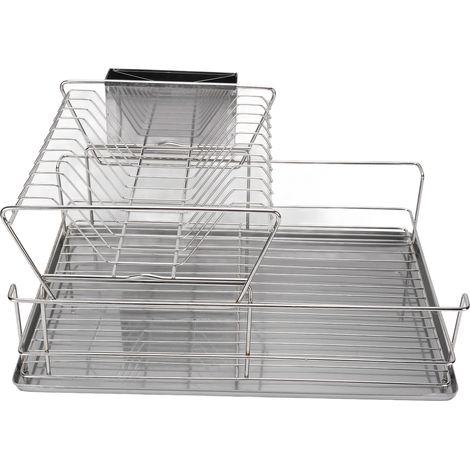 Égouttoir à vaisselle gain de place 2 niveaux en acier inoxydable pour plan de travail de cuisine avec porte-couverts (1/5)