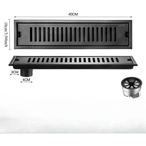 (10cmx40Cm side)Bathroom shower floor drain, household and hotel long strip floor drain, 304 stainless steel black floor drain (1/4)
