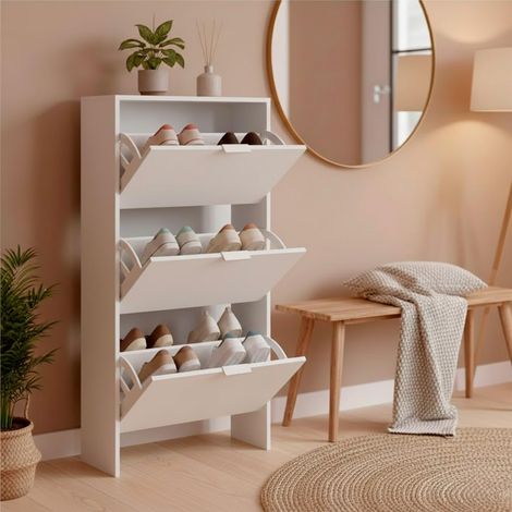 Scarpiera A Ribalta Salvaspazio 3 Ante E 6 Ripiani Mobile Portascarpe Antigraffio Fino A 20 Paia Di Scarpe Design Moderno Minimal Ingresso Corridoio Retro Porta 113 x 60 x 22 Cm Bianco - Colore: Bianc (1/5)