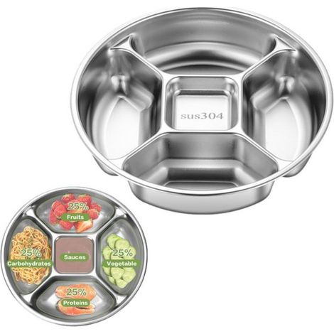 1 pieza, Tabla divisora de acero inoxidable, Bol para aperitivos, Tabla para servir, Plato redondo, Plateado, 22,5 × 22,5 × 5 cm, el trabajo (1/5)