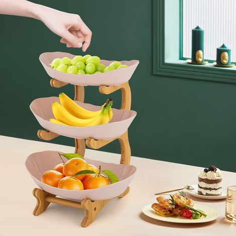 Corbeille a Fruit 3 Etages en Plastique,Bol Fruits Trois Étages Légume Fruit Storage Room Bol Fruits Plastique avec Support en Bois,Pour Fruits,Légumes,Snacks,Beige (1/5)