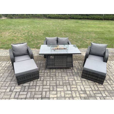 Fimous Rattan Gartenmöbel Sofa Set Gas Feuergrube Esstisch Gasheizung mit Liebe Sofa 2 Großer Fußhocker Dunkelgrau Gemischt (1/5)